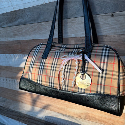 Burberry Check Pattern Leather and Canvas Shoulder Bag