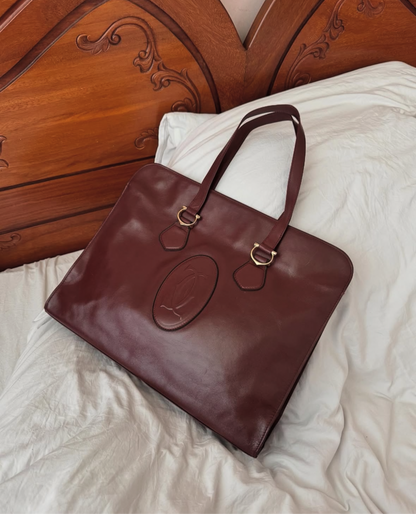 Cartier Vintage 1975 Burgundy Leather Large Logo Shoulder Tote Bag