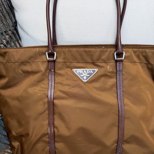 PRADA Bolso Tote Nylon Cuero Caqui