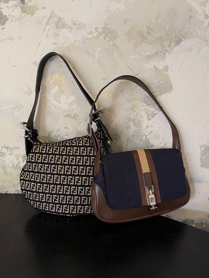 Gucci Vintage Navy Canvas & Brown Leather Jackie Bag