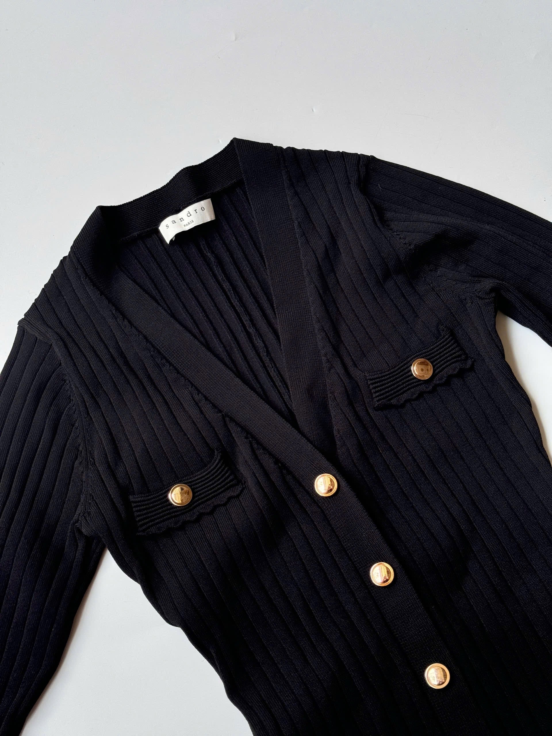 SANDRO Jannel in Black Ribbed Stretch Knit Midi Cardigan Dress