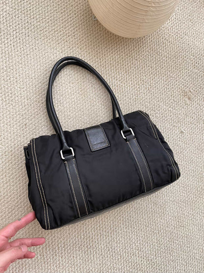 PRADA Vintage Black Tessuto Nylon Leather Satchel Handbag