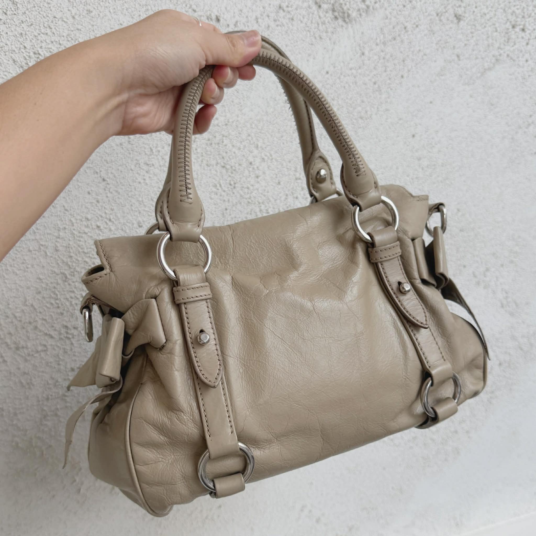 Miu Miu Vitello Lux Leather Bow Satchel Brown