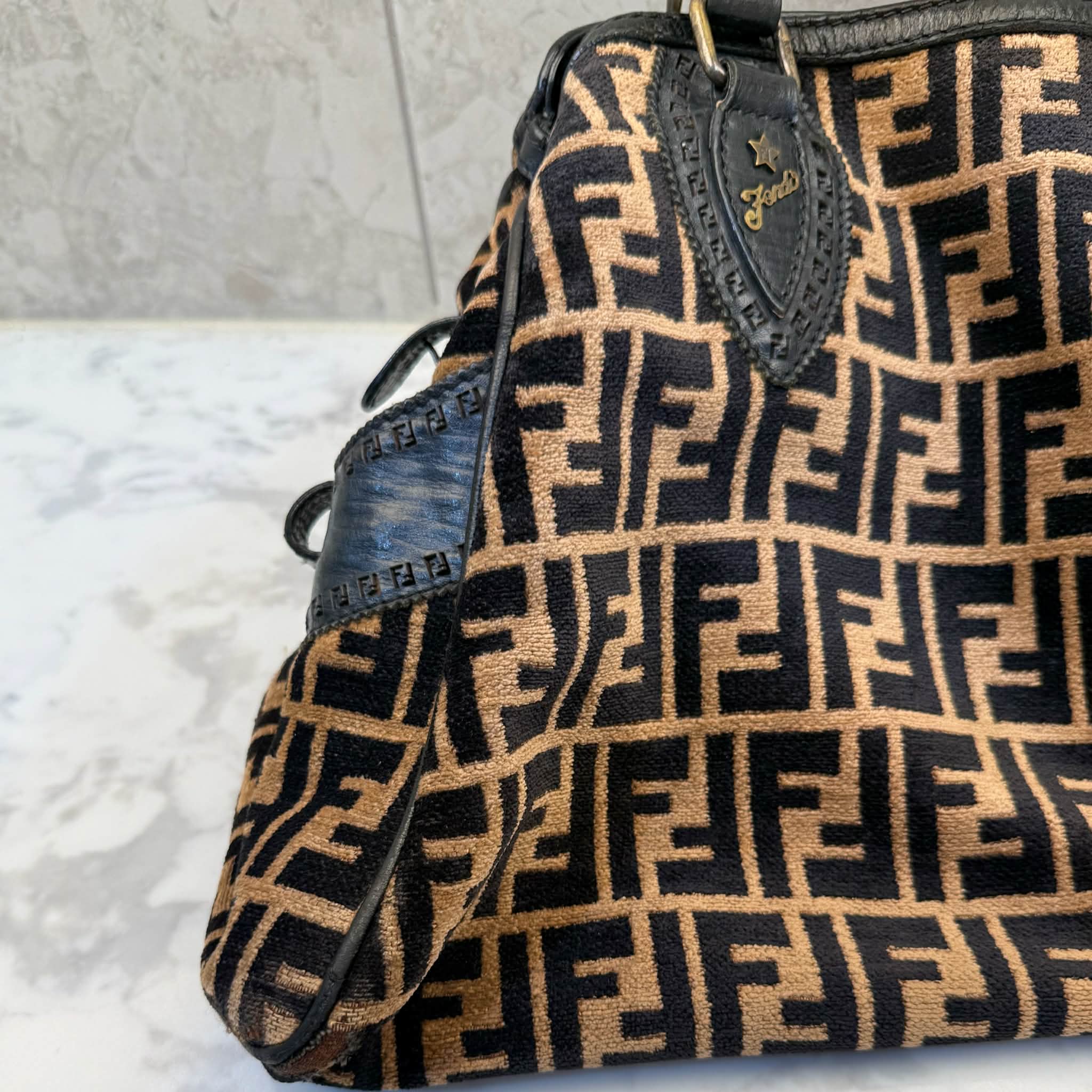 Fendi Black/Tobacco Velvet and Leather Medium Chef De Jour Bag