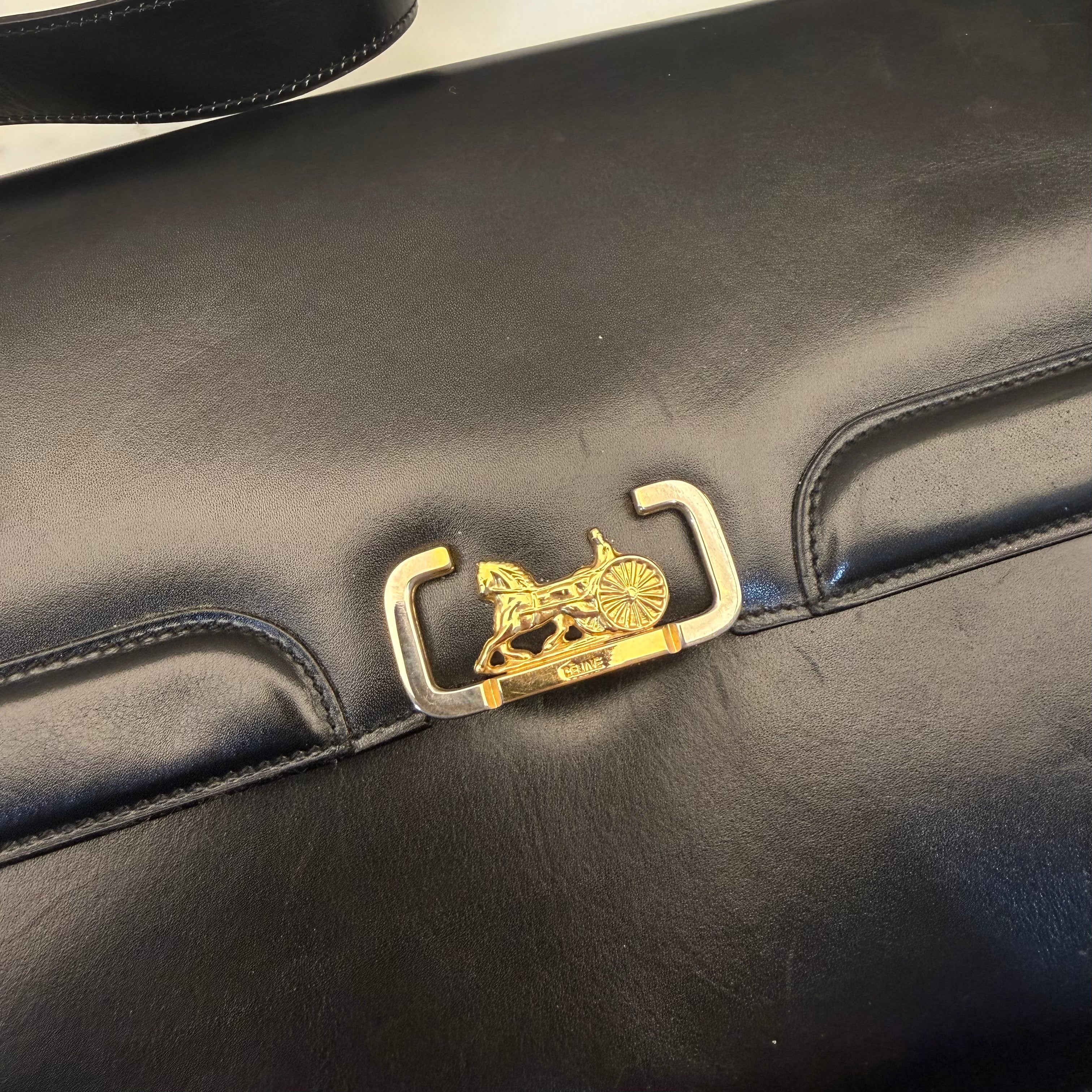 Celine Vintage Black Leather Horse Carriage Shoulder Bag