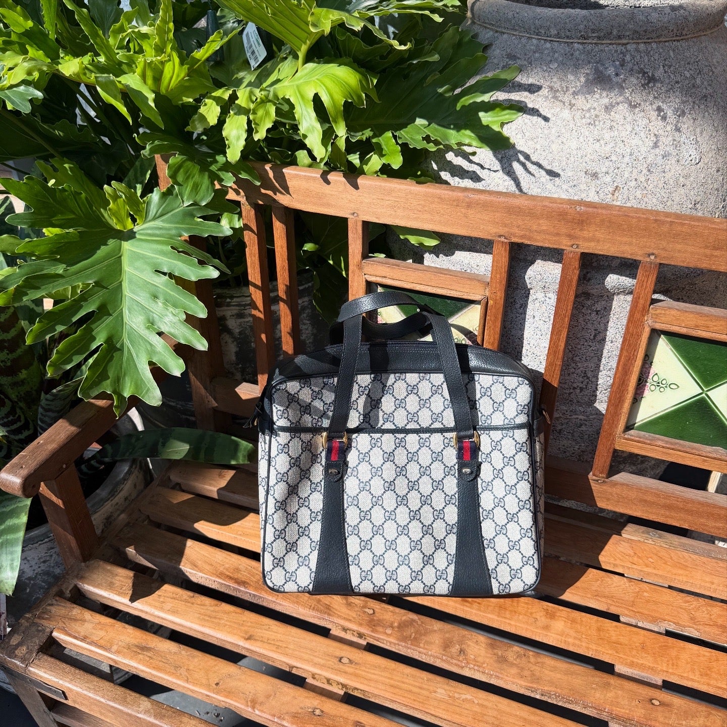 GUCCI GG Canvas Leather Sherry Line Satchel Bag