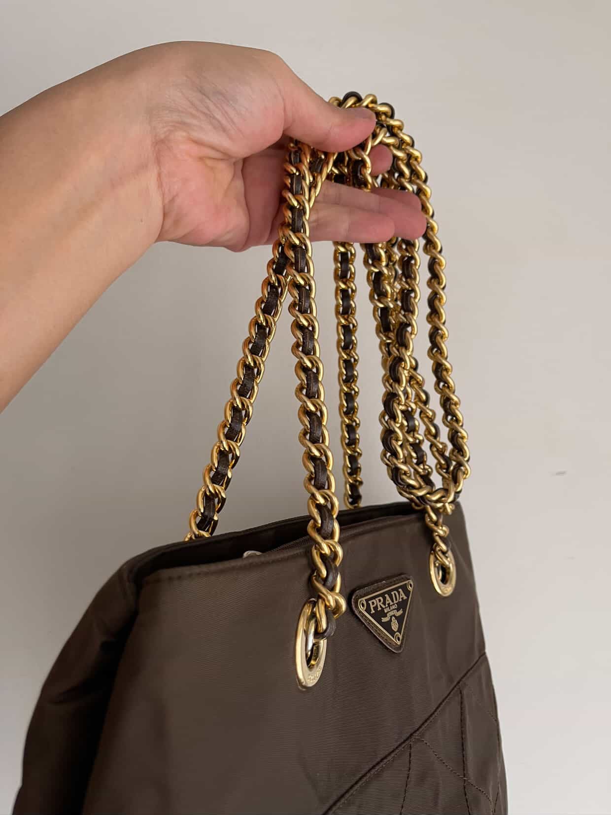 PRADA Chain Shoulder Bag Nylon Brown Gold
