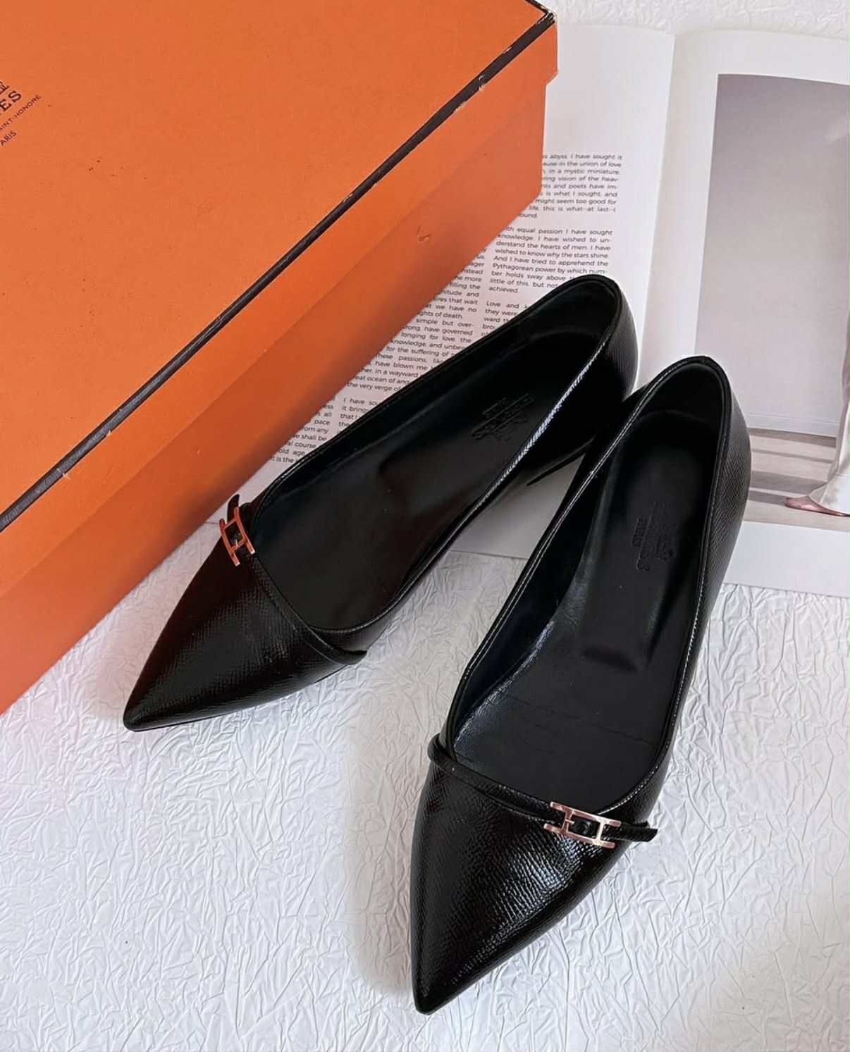 Hermes Black Leather Ballet Flats