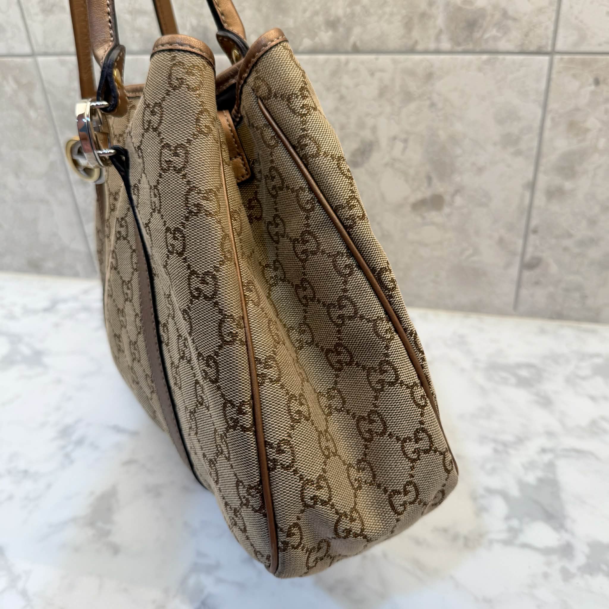 Gucci Beige/Bronze GG Canvas and Leather Large GG Twins Tote