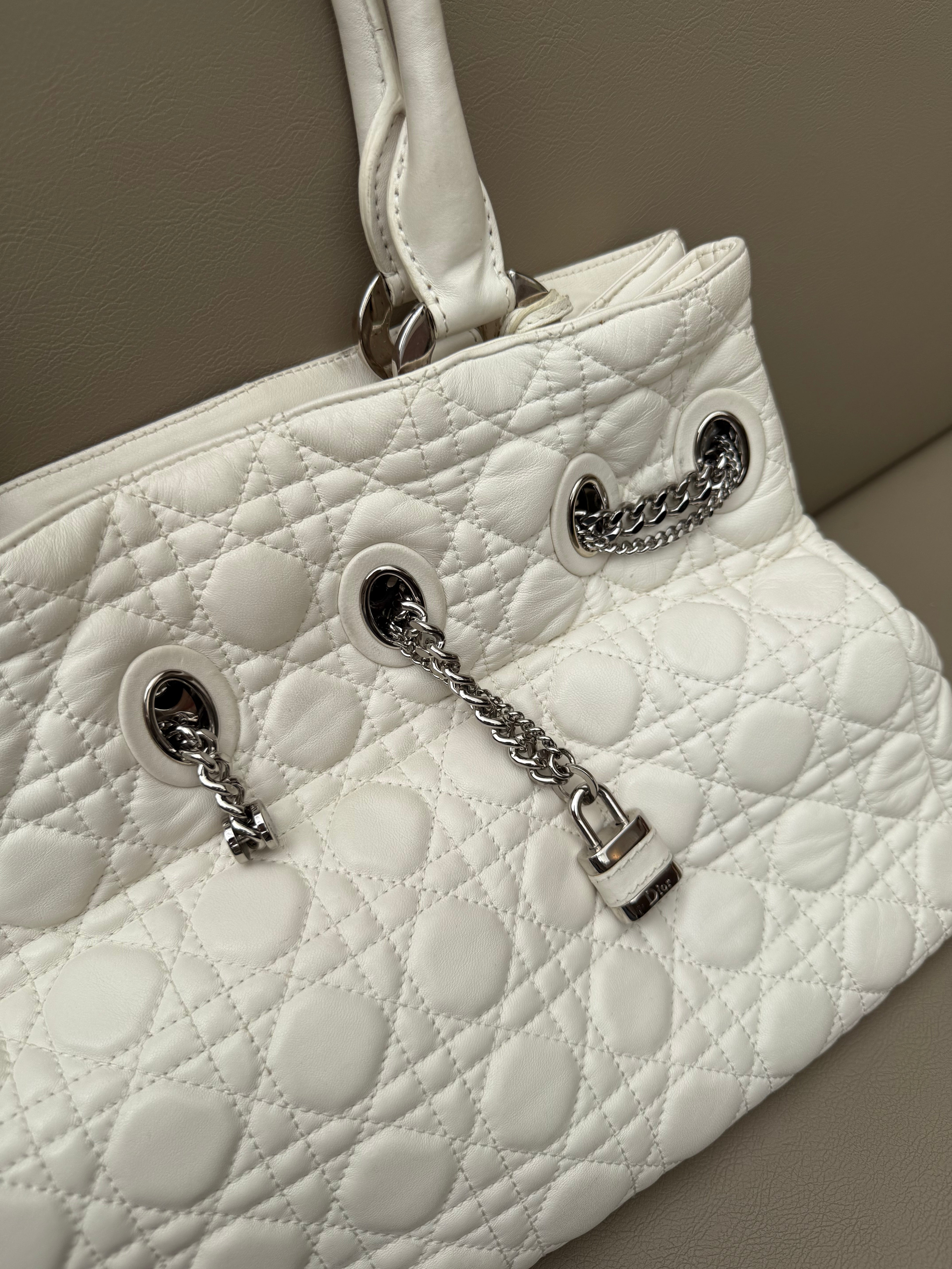 Christian Dior White Cannage Leather Chri Chri Tote Bag