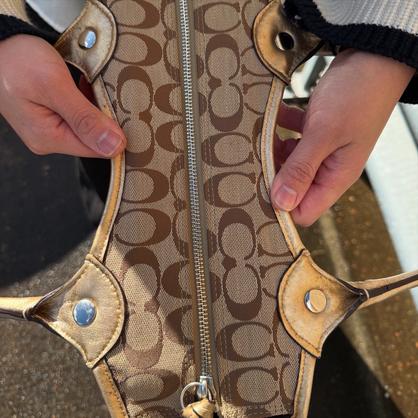Coach Signature Jacquard Bleecker Brown Gold Metallic Leather Tote