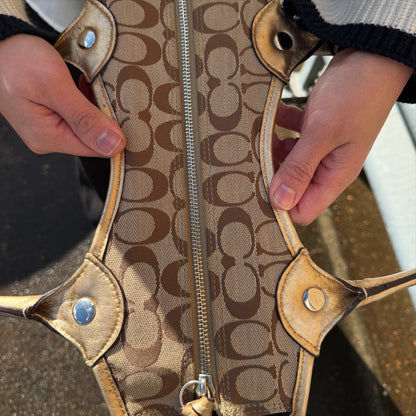 Coach Signature Jacquard Bleecker Brown Gold Metallic Leather Tote