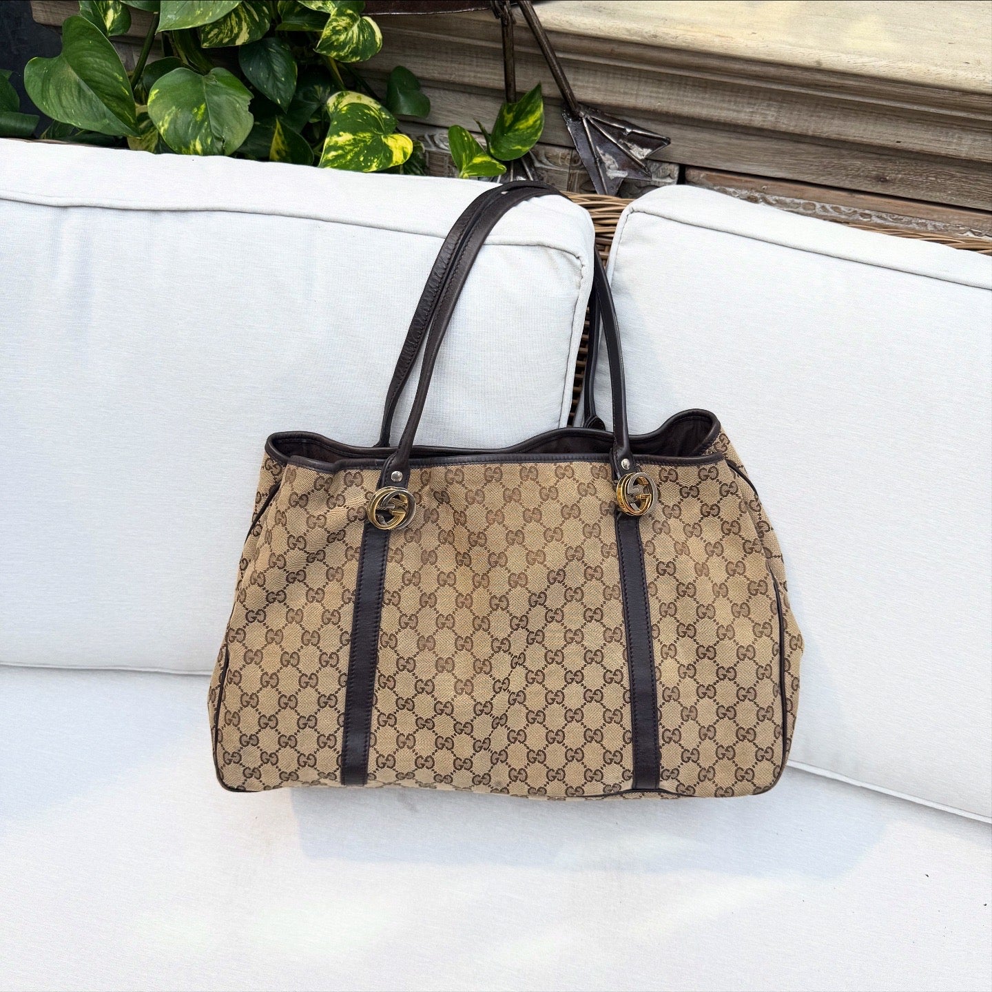 Gucci GG Canvas Twins Black Leather Tote Bag