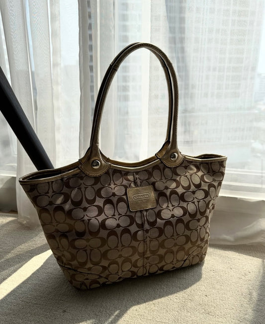 Coach Signature Jacquard Bleecker Brown Gold Metallic Leather Tote