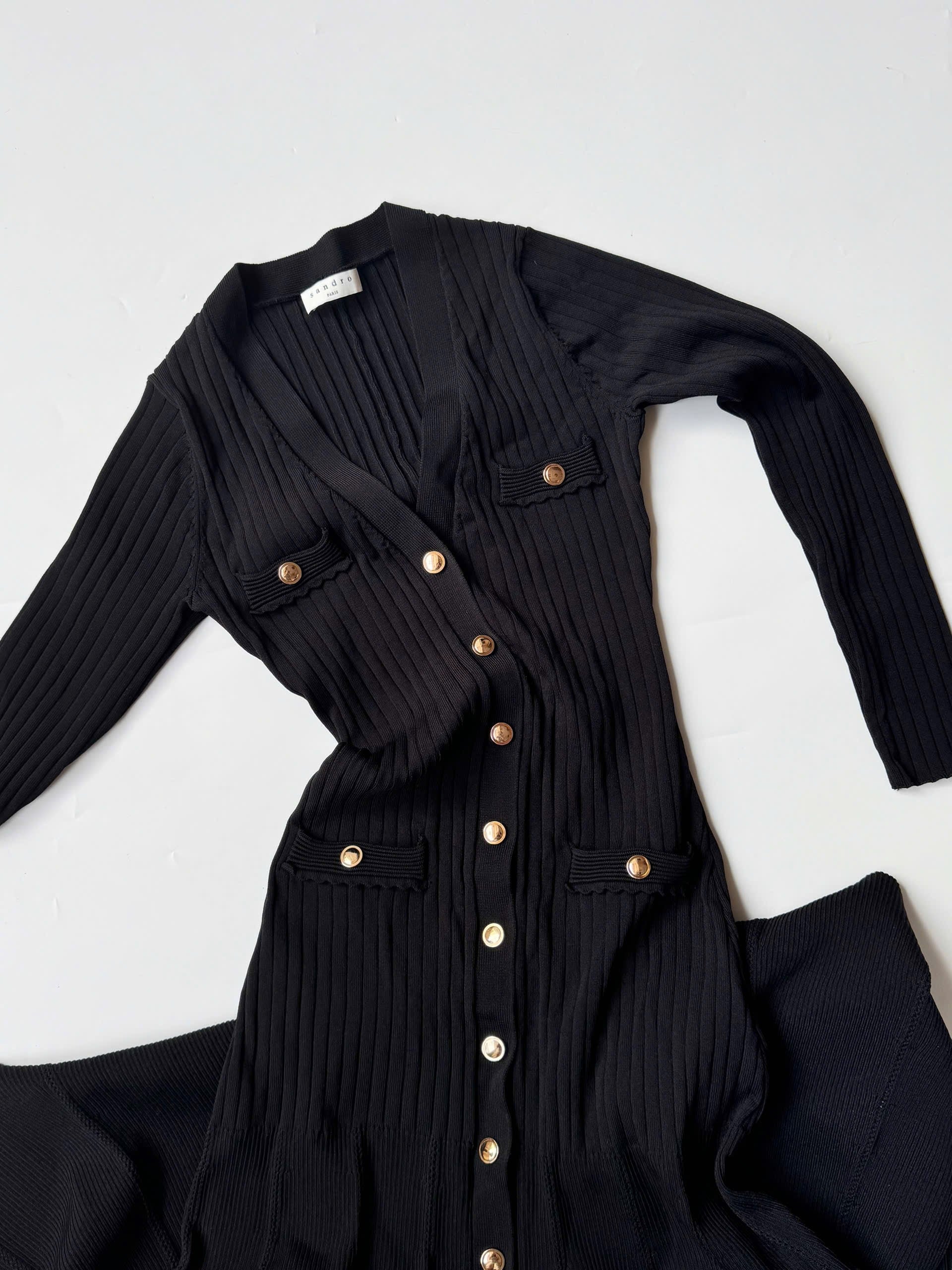 SANDRO Jannel in Black Ribbed Stretch Knit Midi Cardigan Dress