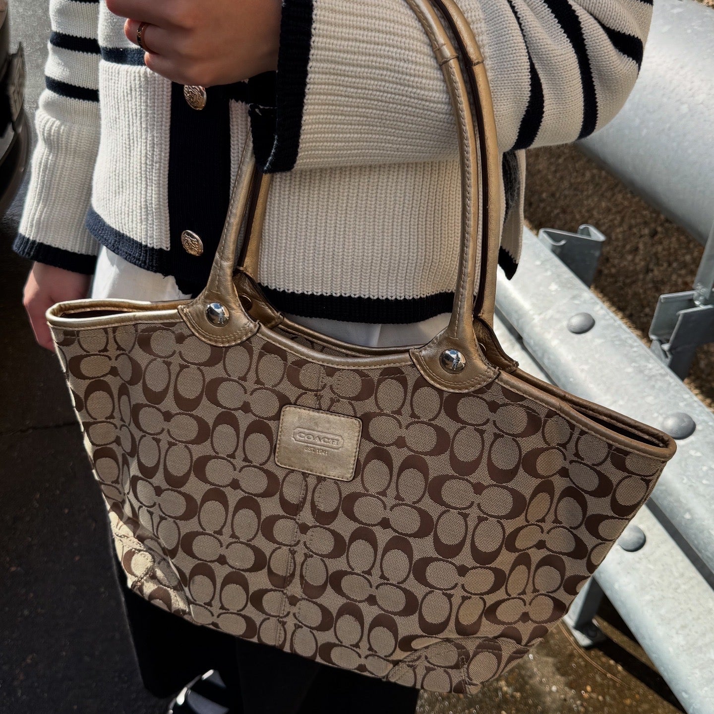 Coach Signature Jacquard Bleecker Brown Gold Metallic Leather Tote