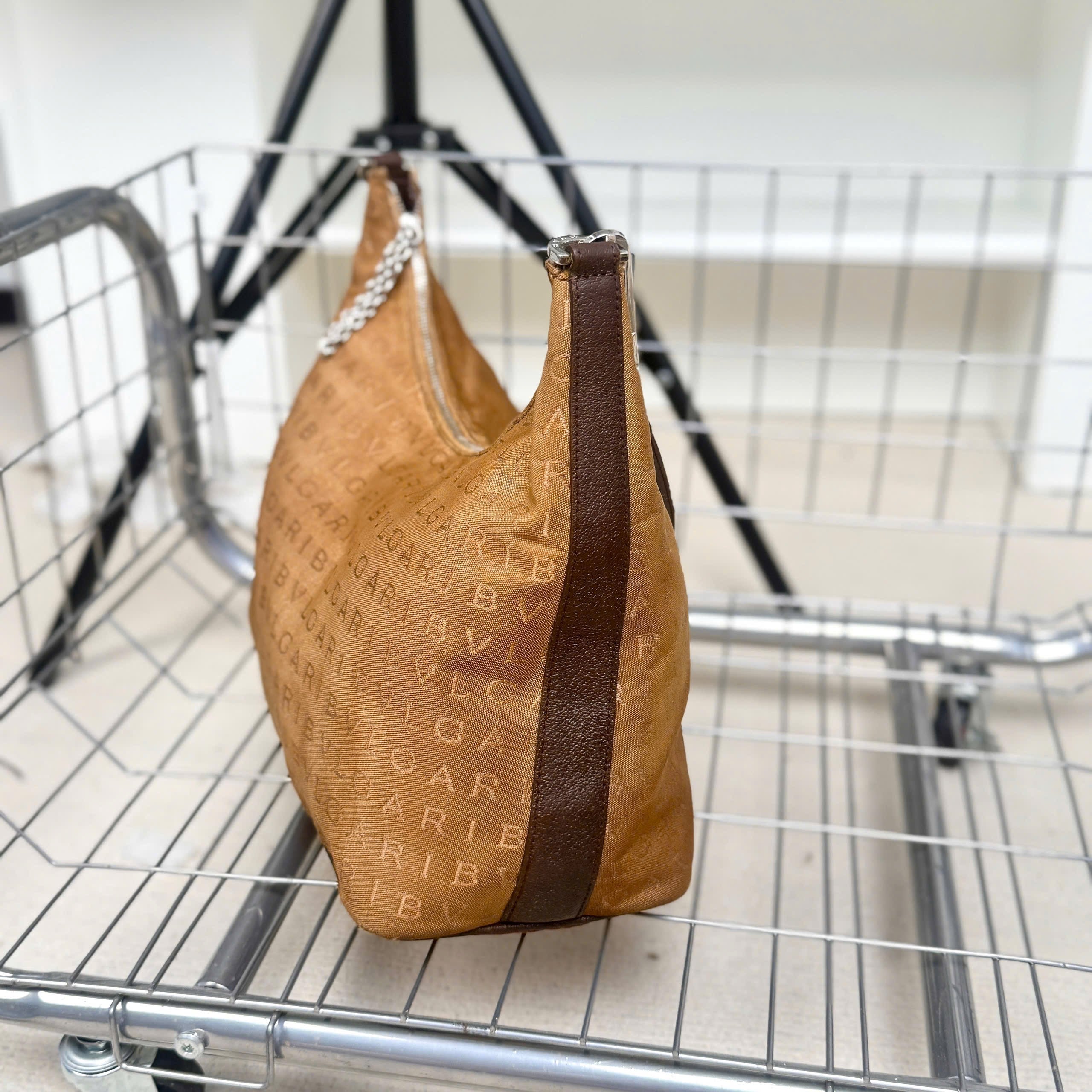 BVLGARI Logomania Brown Canvas Leather Shoulder Bag