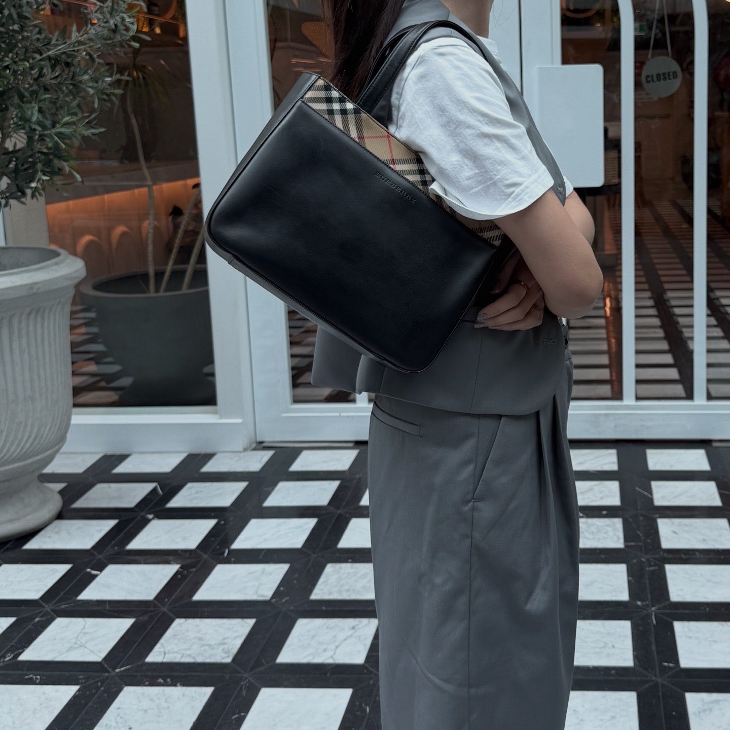 Burberry Nova Check Canvas Trimmed Leather Shoulder Bag