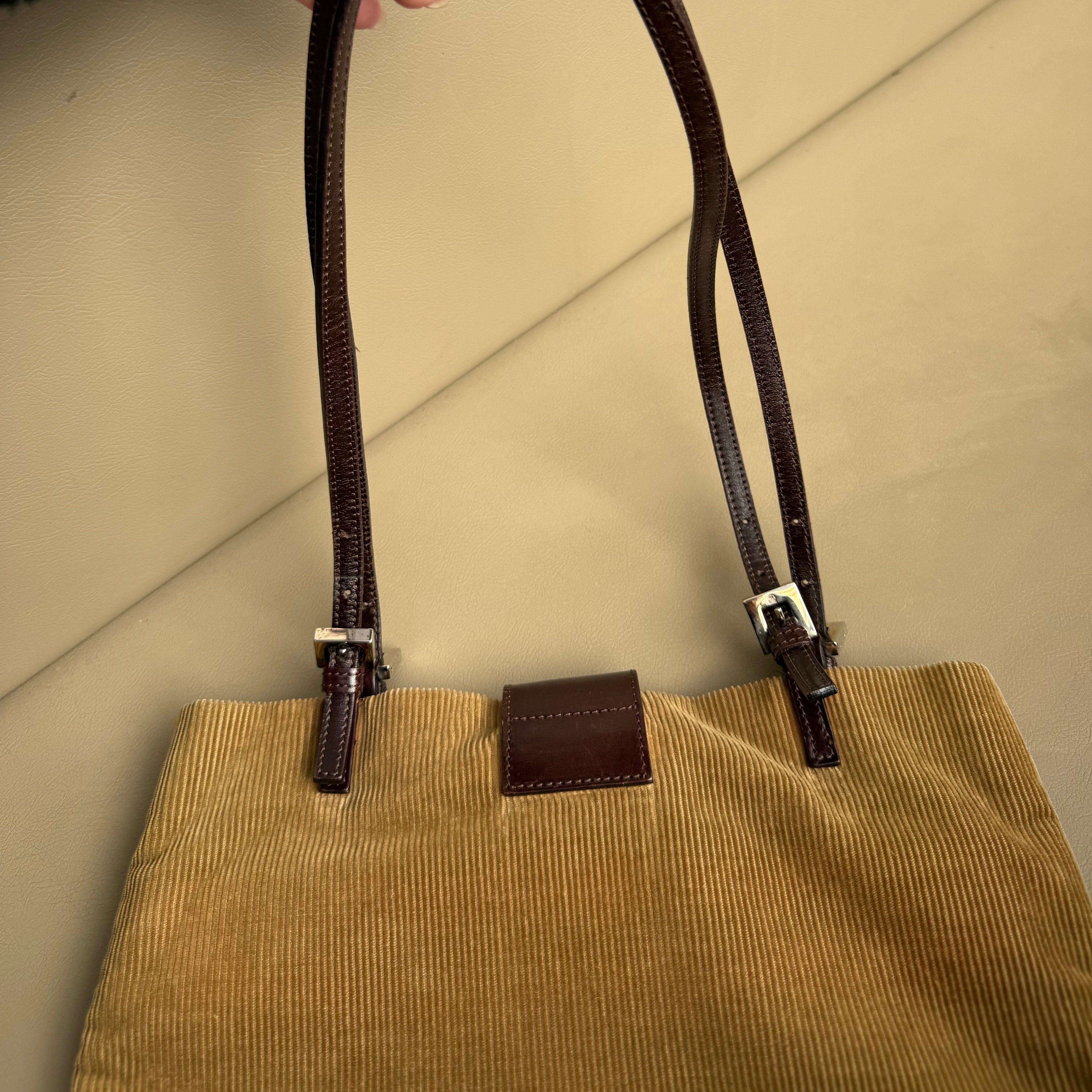 Fendi Tan Corduroy FF Silver Logo Tote Bag
