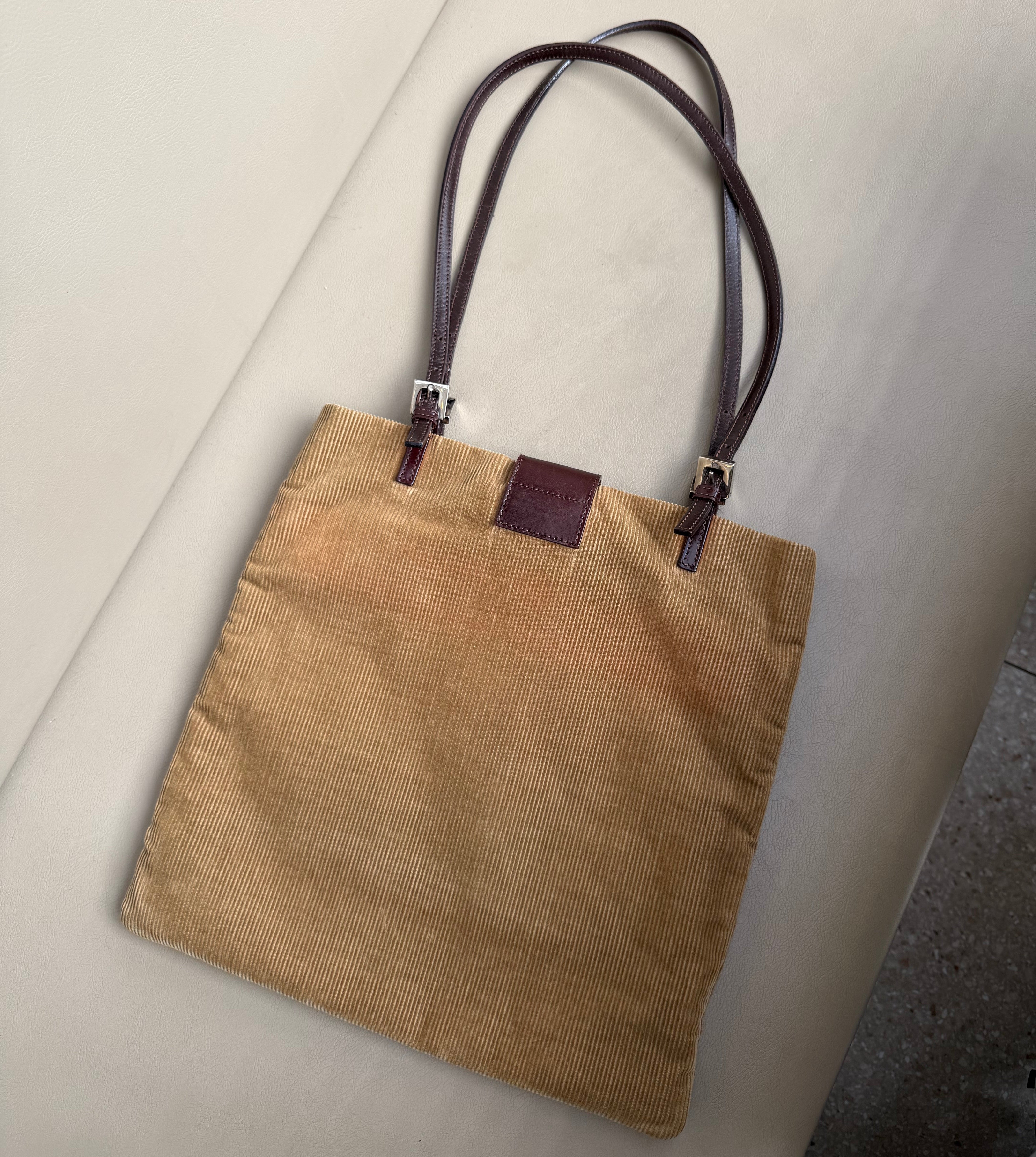 Fendi Tan Corduroy FF Silver Logo Tote Bag