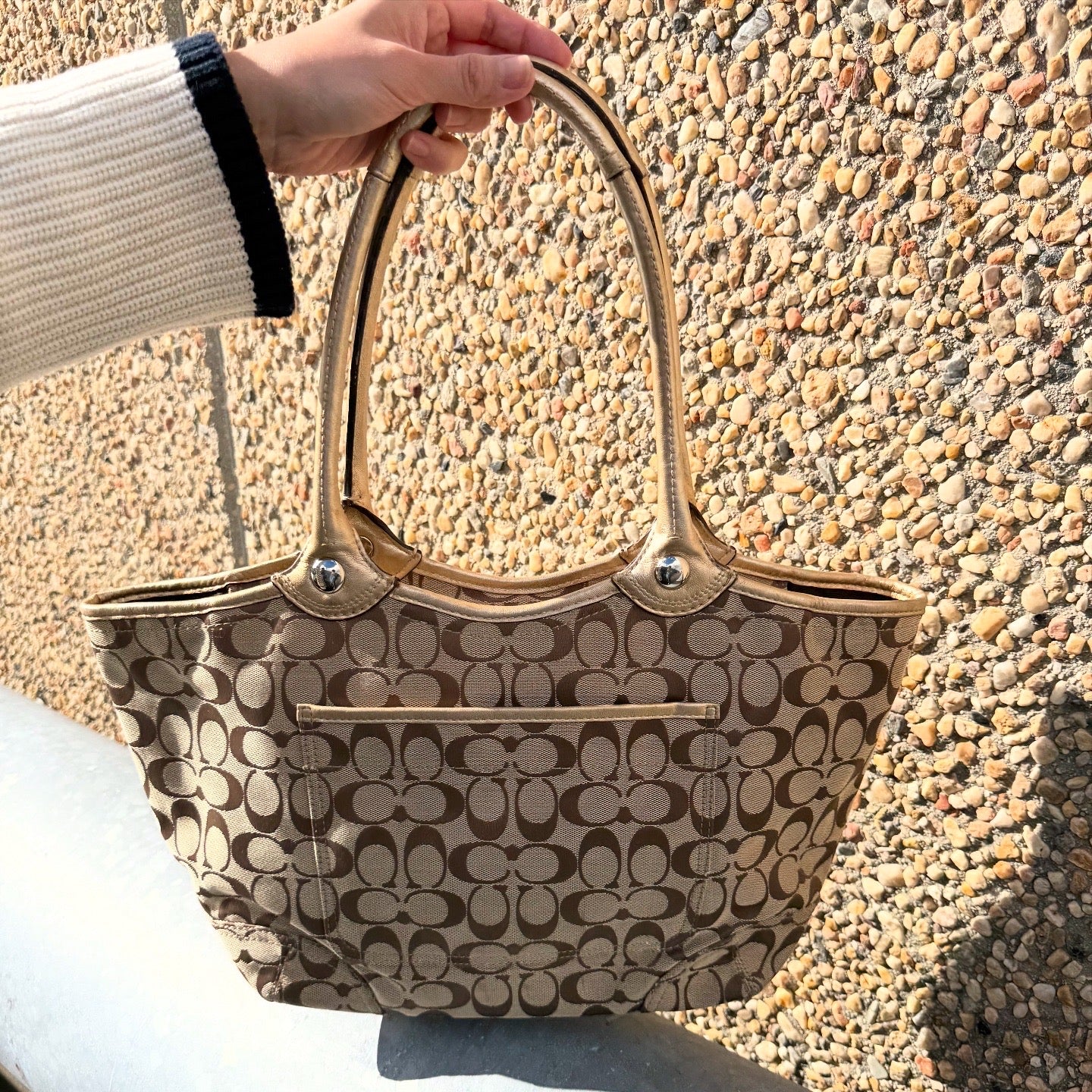 Coach Signature Jacquard Bleecker Brown Gold Metallic Leather Tote