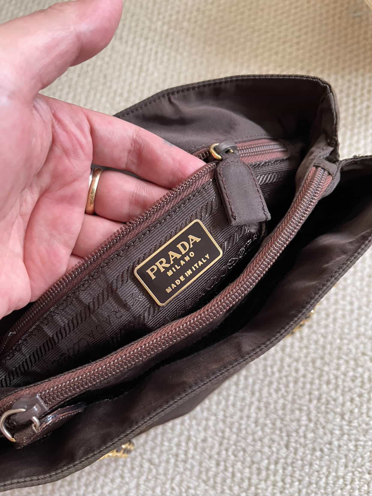 PRADA Chain Shoulder Bag Nylon Brown Gold