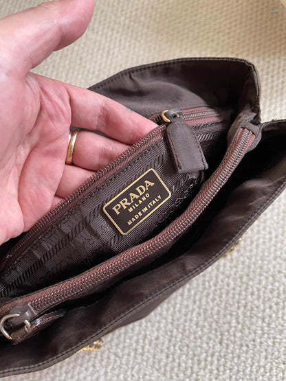 PRADA Chain Shoulder Bag Nylon Brown Gold