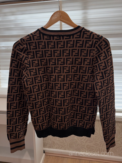 Fendi FF Monogram Pullover Knit Crew Neck Rayon Brown Black