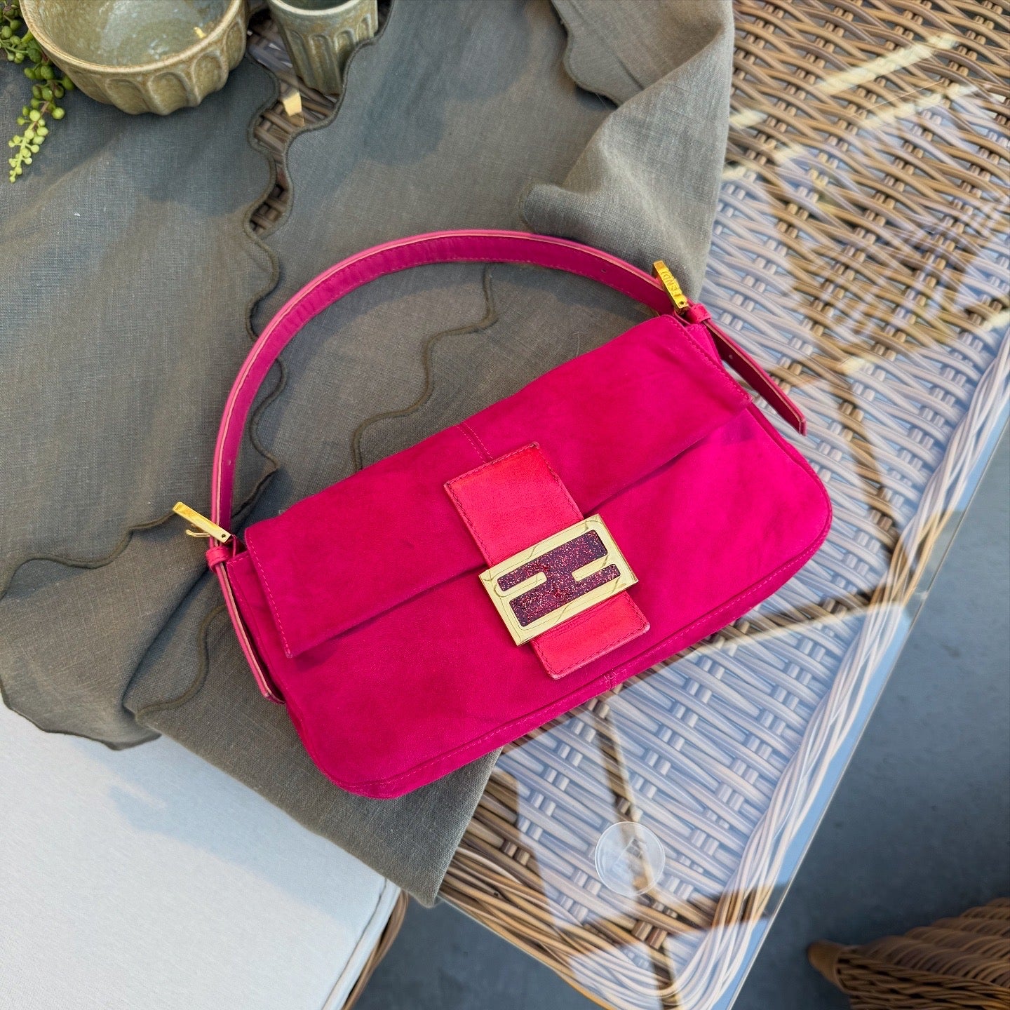 Fendi Suede Baguette Fuchsia Handbag