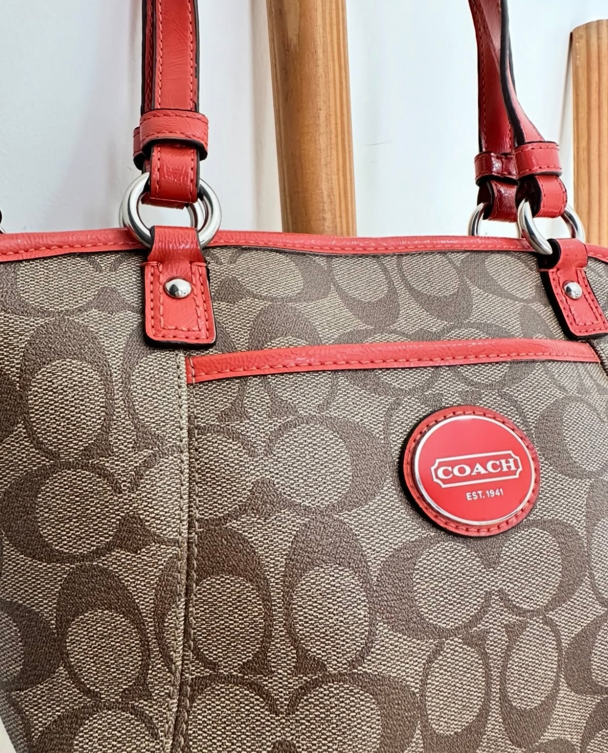 COACH Tote Shoulder Bag Signature Logo Canvas Leather