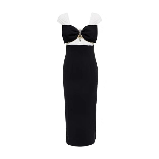 SELF PORTRAIT CREPE CRYSTAL BOW MIDI DRESS BLACK/WHITE