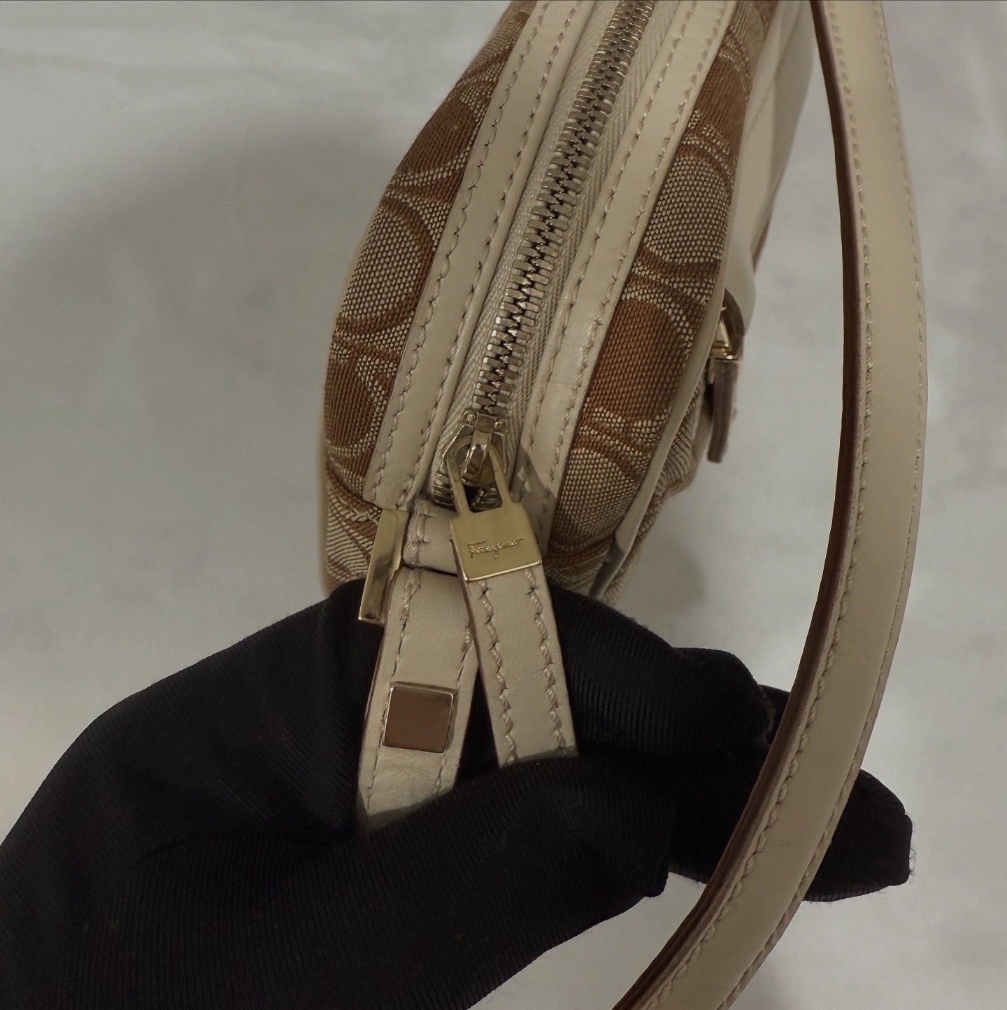 Salvatore Ferragamo Gancini Monogram Canvas Shoulder Bag Beige