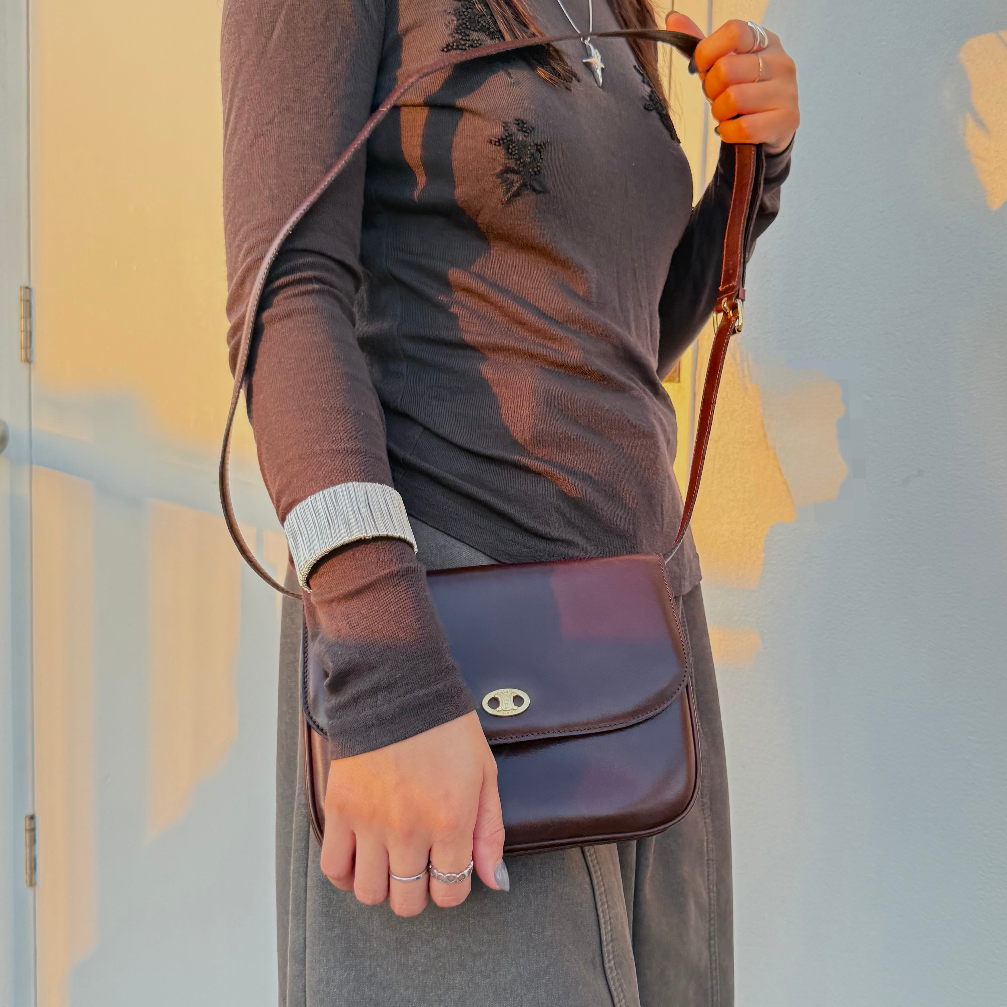 Celine Vintage Paris Triomphe Burgundy Shoulder Bag