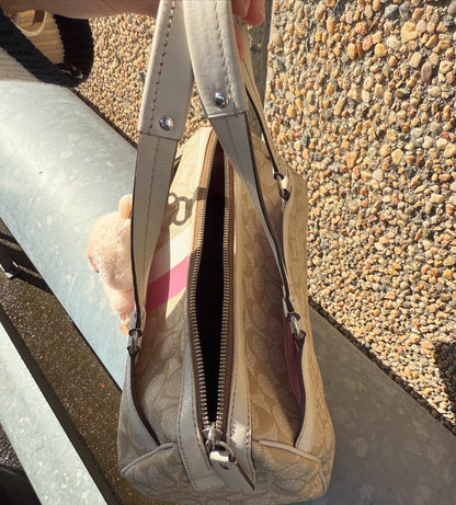 Coach Heritage Signature Stripe Barbie Peony Pink Coated Canvas Shoulder Bag