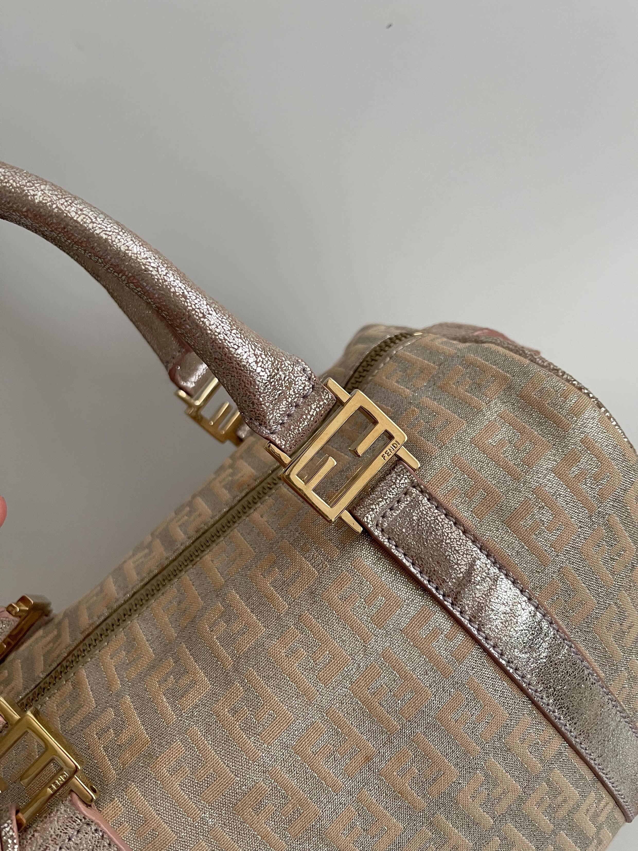 FENDI Zucchino Boston Handbag Pink Silver