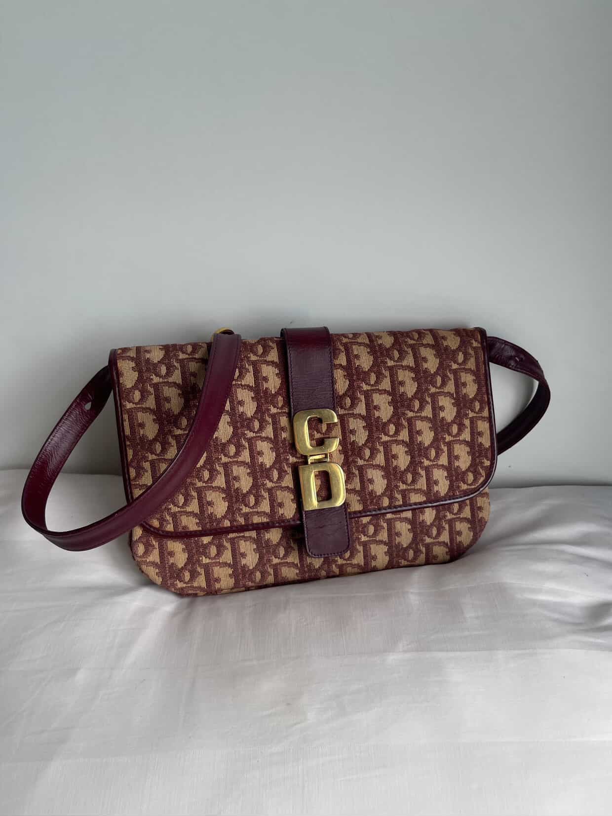 Christian Dior Trotter Canvas Shoulder Bag Burgundy