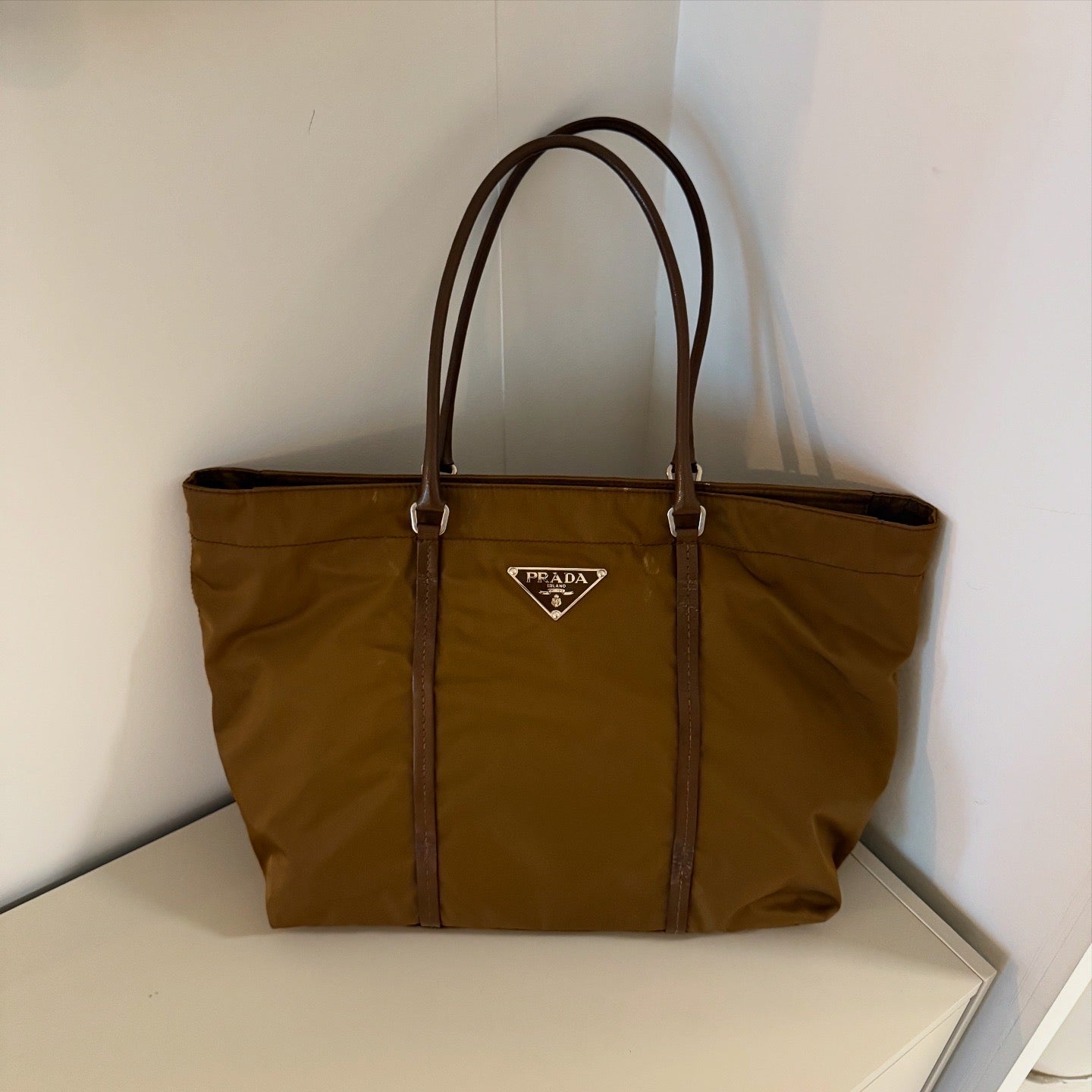 PRADA Bolso Tote Nylon Cuero Caqui