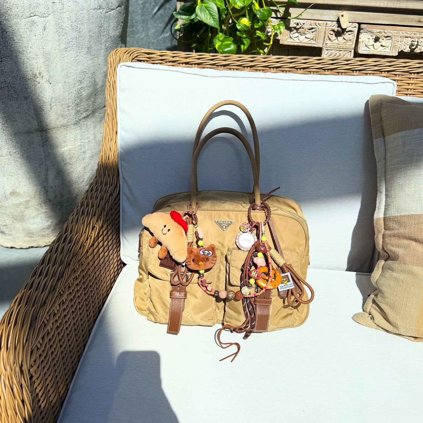 Prada Brown Tote Bag Nylon Pocket Triangular Logo