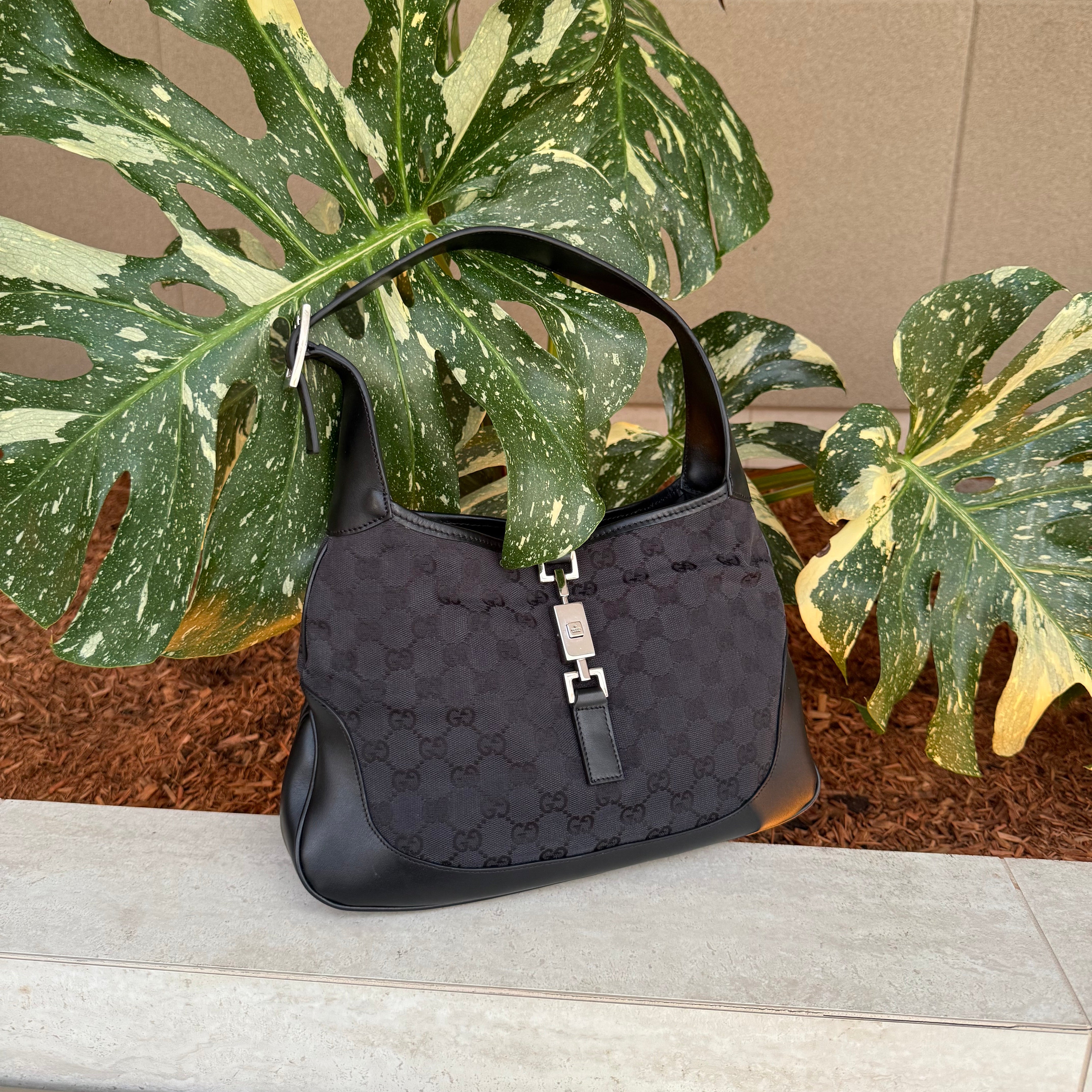 Gucci Black GG Canvas and Leather Jackie Hobo Bag