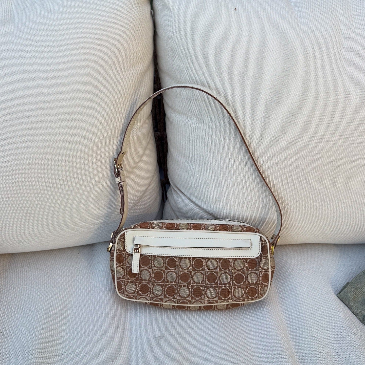 Salvatore Ferragamo Gancini Monogram Canvas Shoulder Bag Beige