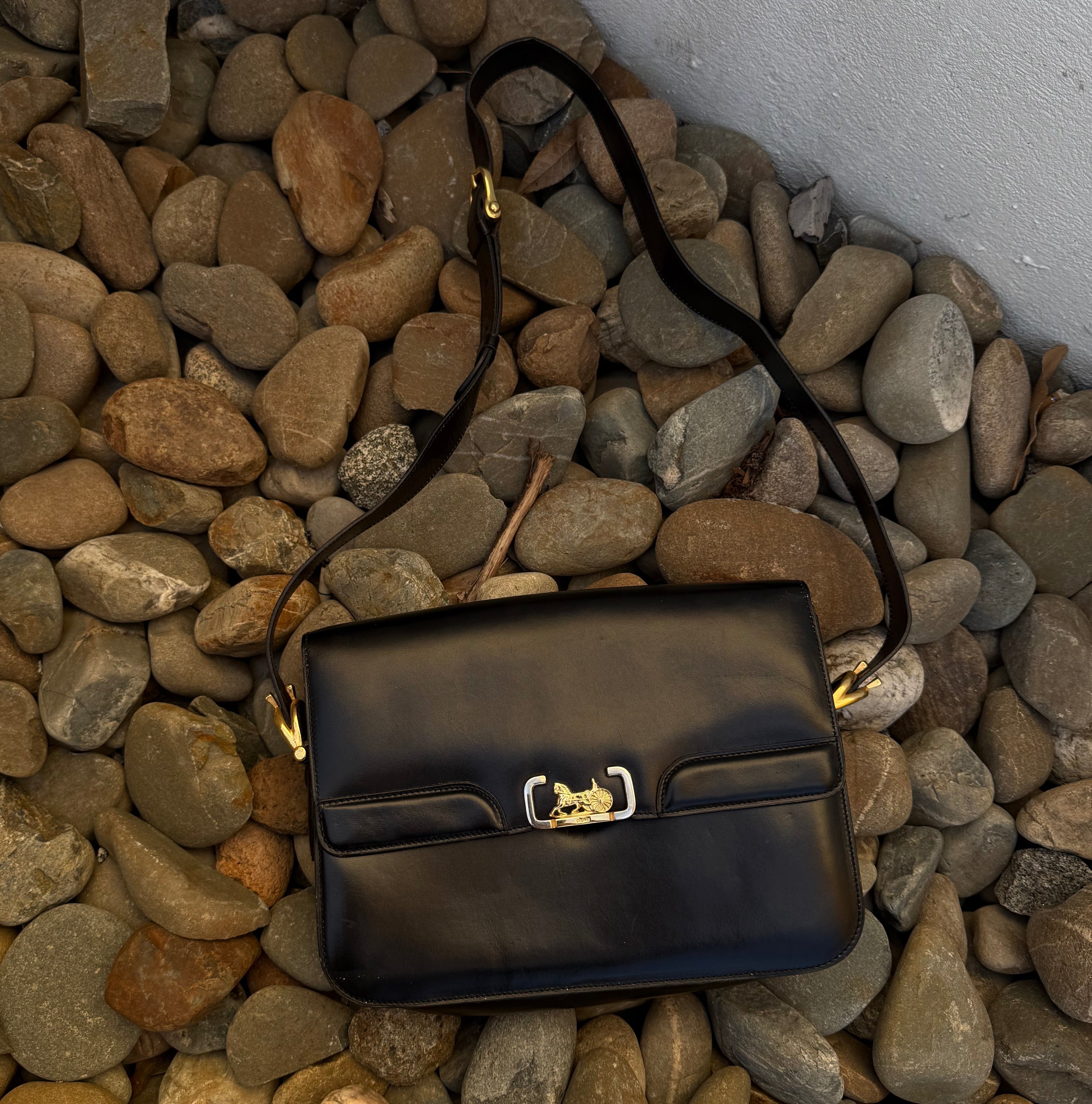 Celine Vintage Black Leather Horse Carriage Shoulder Bag