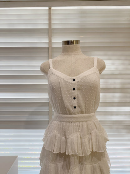 MAJE White Swiss Dots Chiffon Tiered Rustivan Short Dress