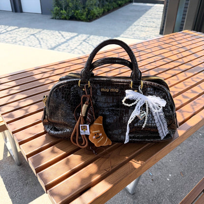Miu Miu Brown Croc Embossed Leather Triple Zip Satchel