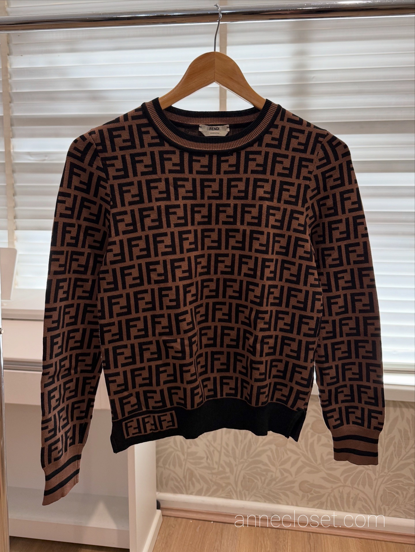 Fendi FF Monogram Pullover Knit Crew Neck Rayon Brown Black
