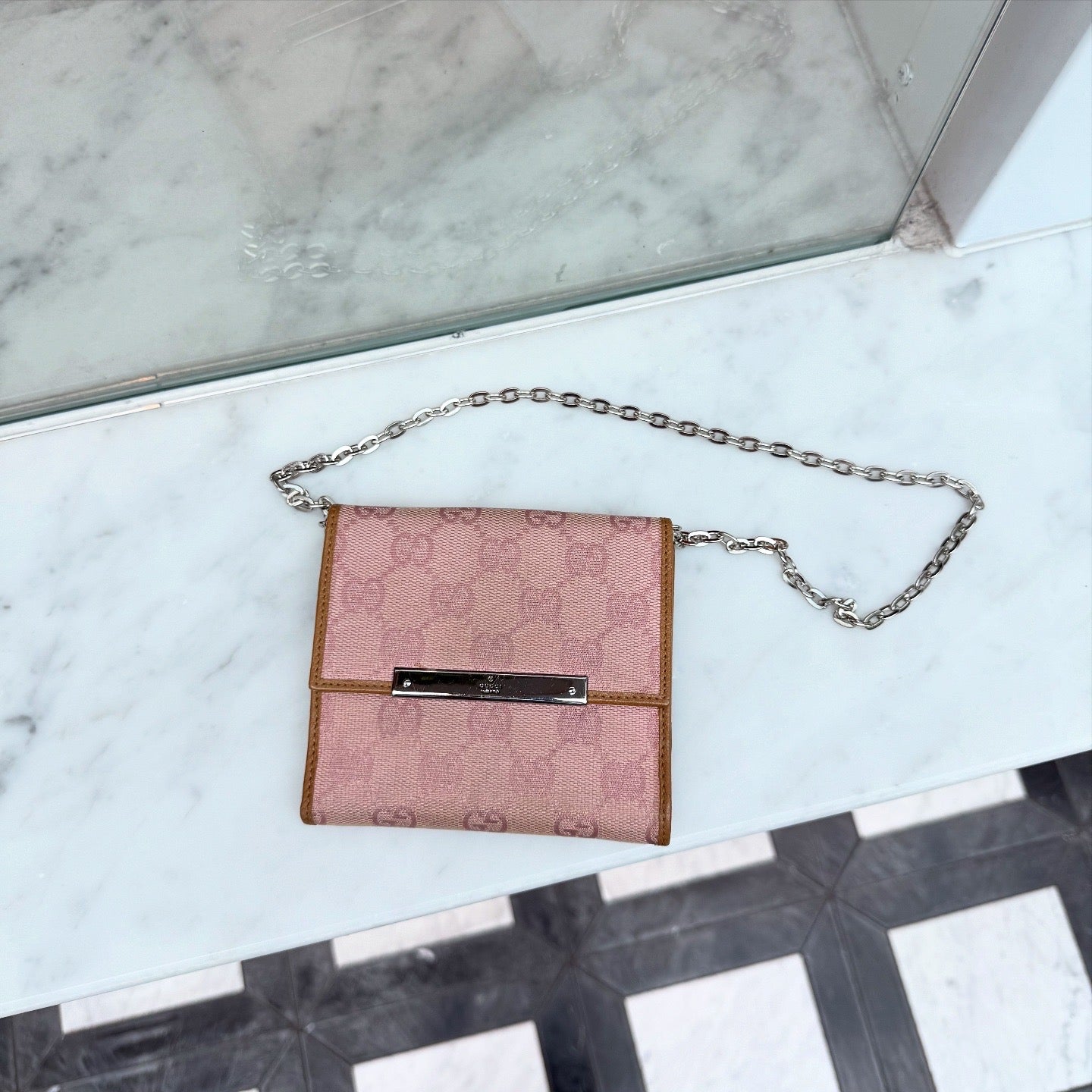 Gucci Monogram Metal Bar French Flap Wallet Pink