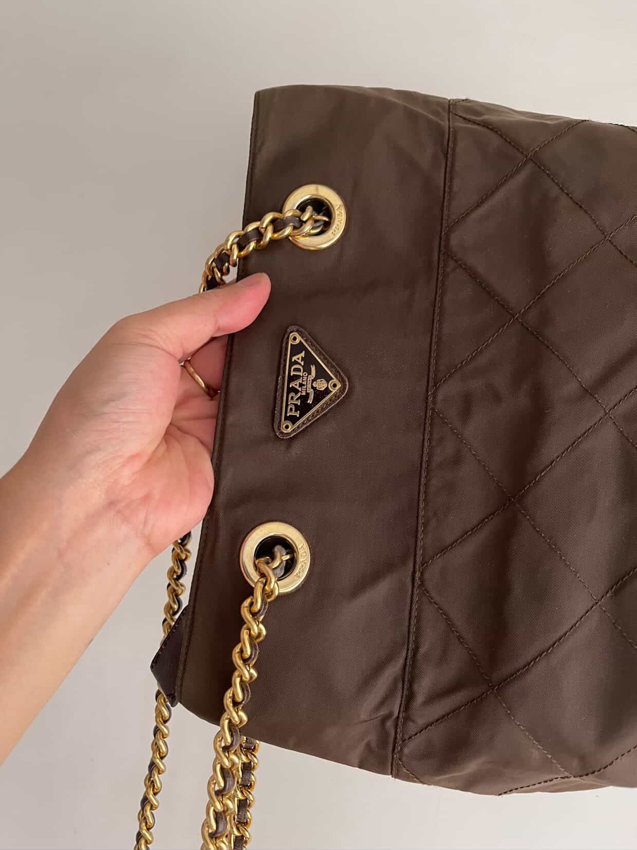 PRADA Chain Shoulder Bag Nylon Brown Gold