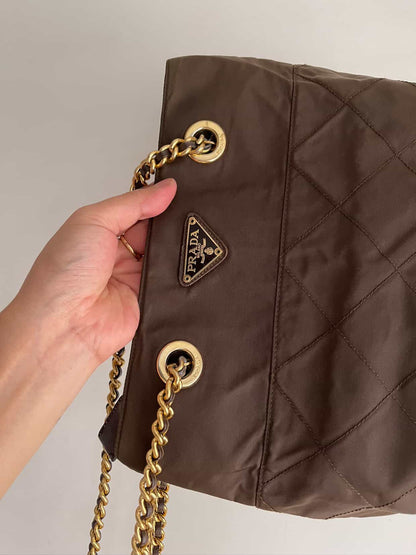 PRADA Chain Shoulder Bag Nylon Brown Gold
