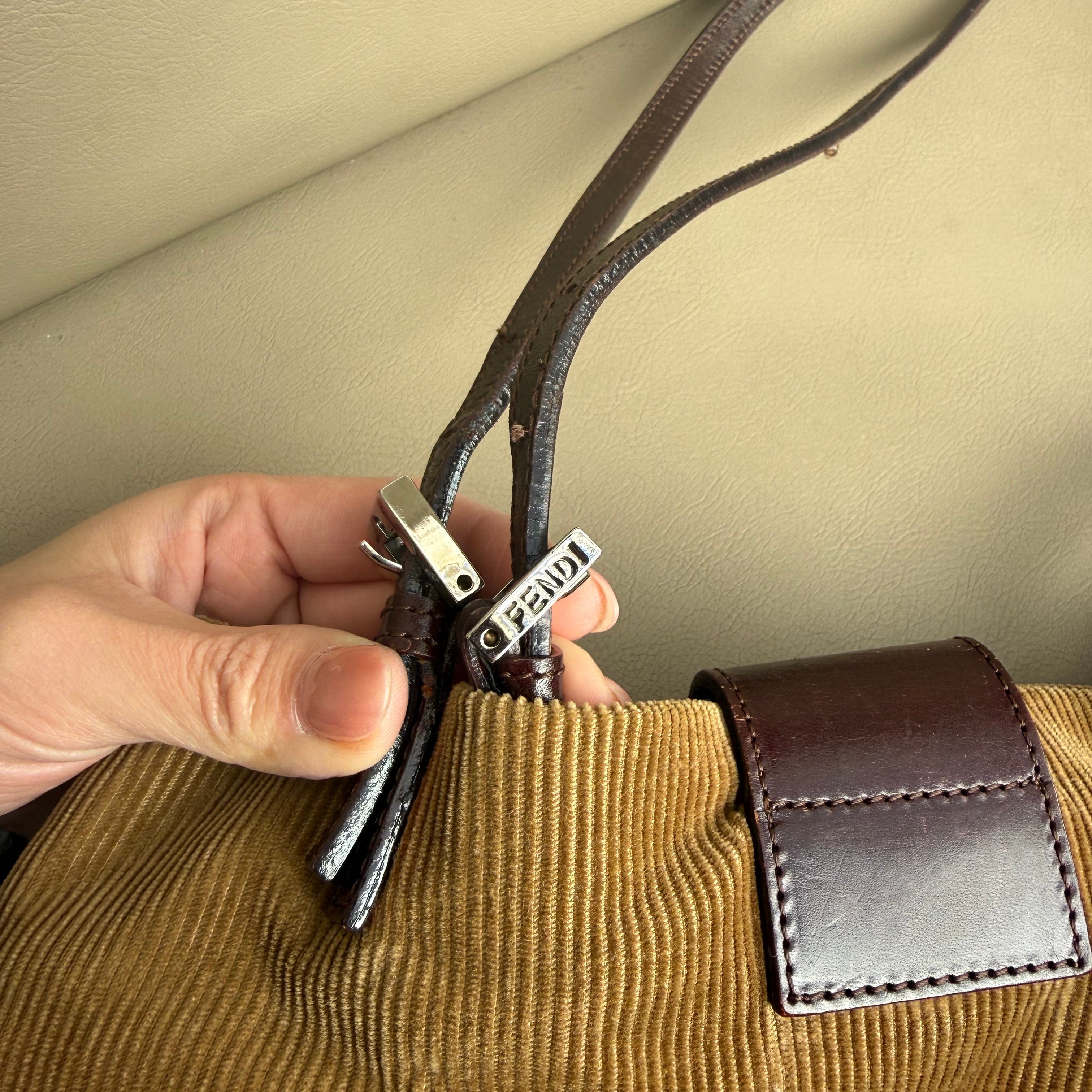 Fendi Tan Corduroy FF Silver Logo Tote Bag