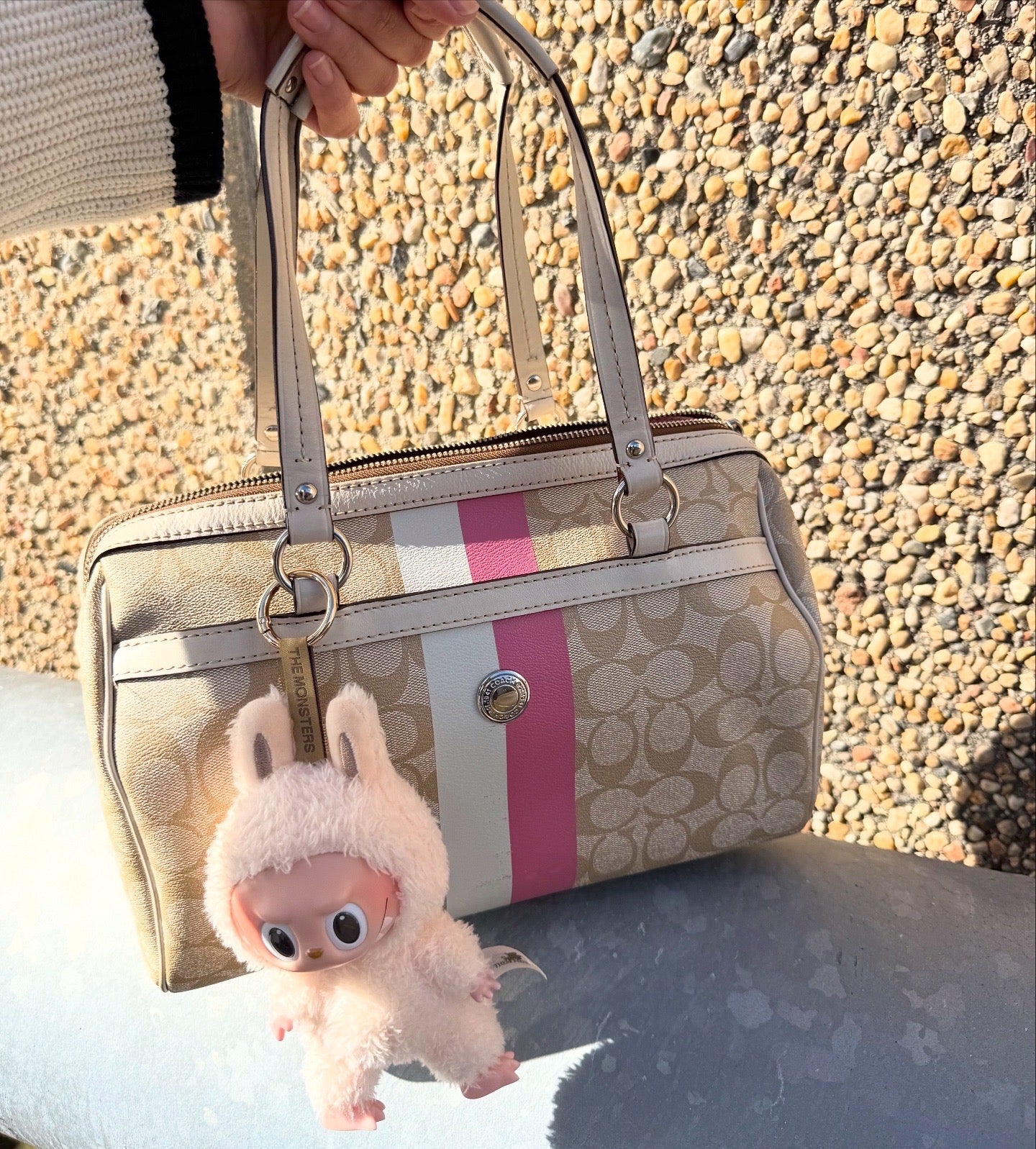 Coach Heritage Signature Stripe Barbie Peony Pink Coated Canvas Shoulder Bag