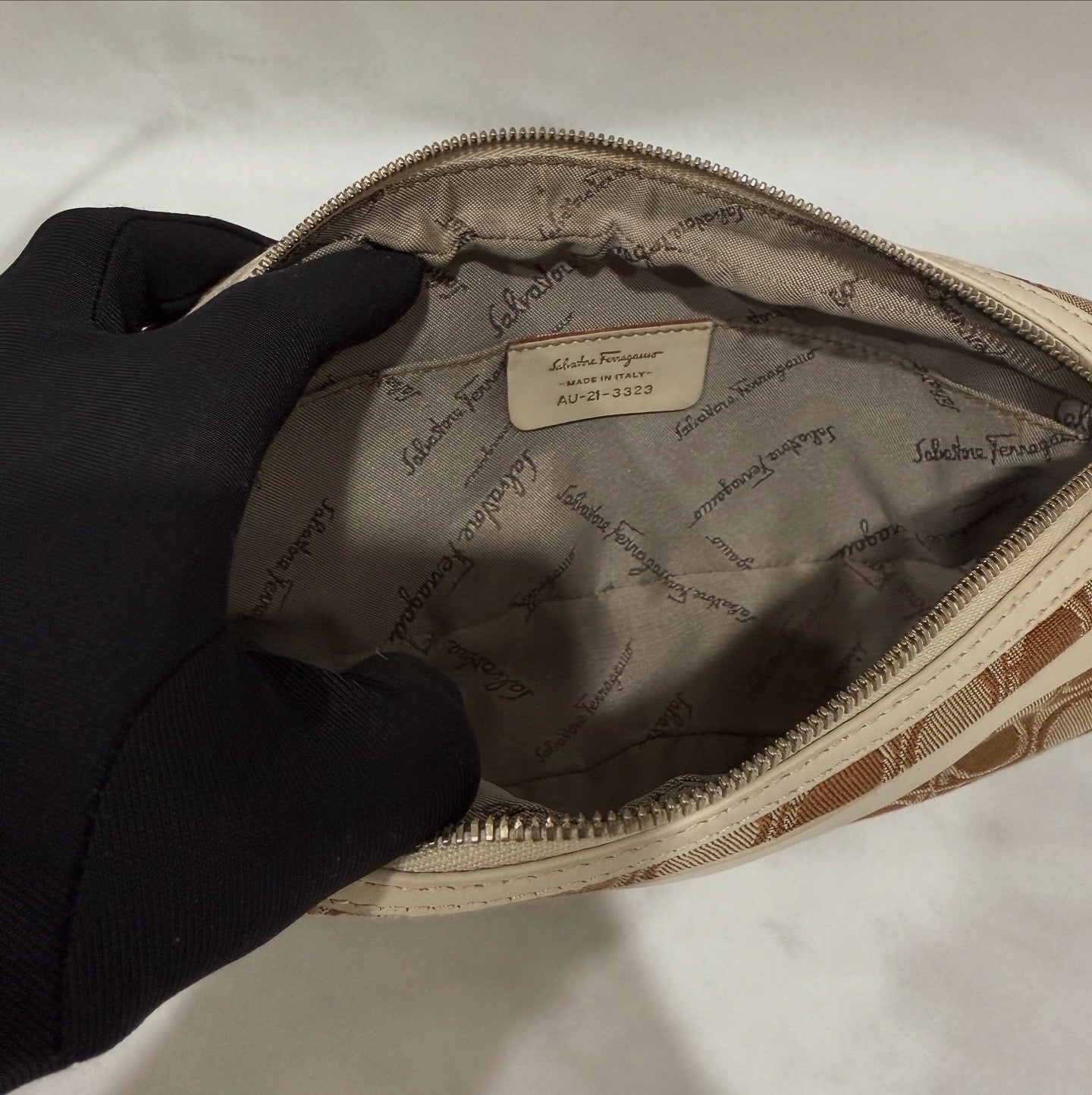 Salvatore Ferragamo Gancini Monogram Canvas Shoulder Bag Beige